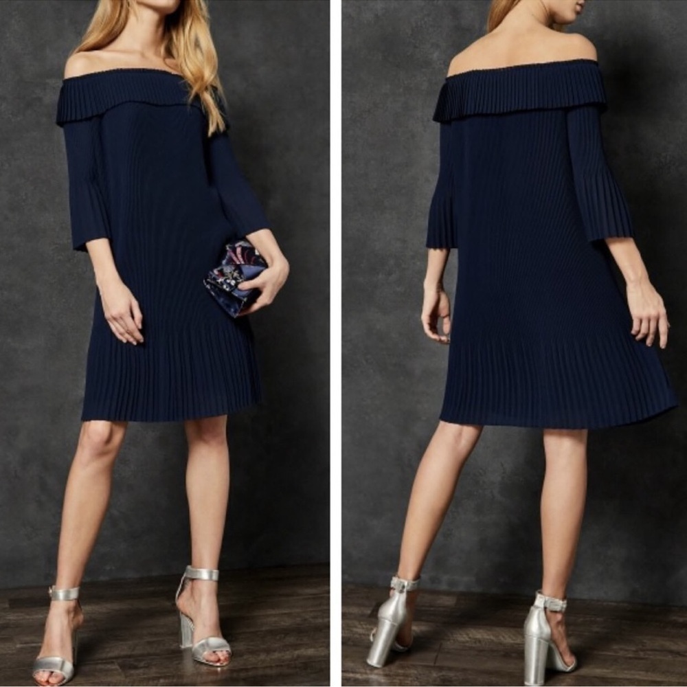 Ted Baker Bardot dress navy pleated excellent TB Size 2  US Size 6